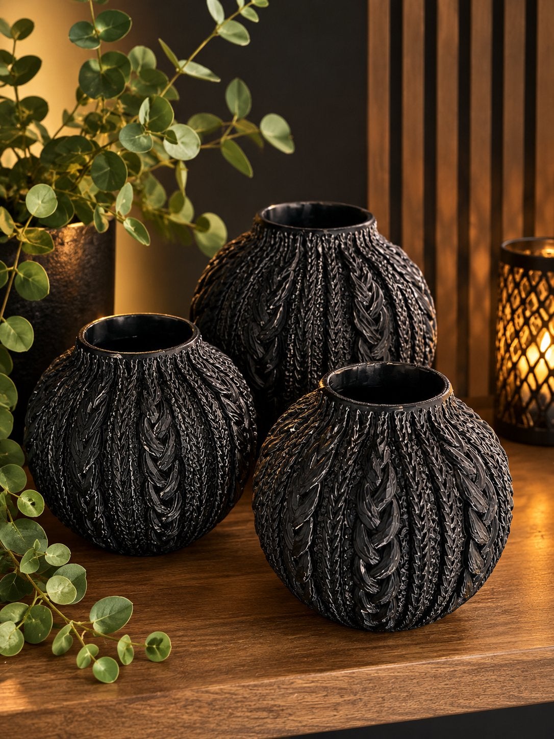 Set van 3 zwarte vazen met gevlochten patroon(kunststof), Overige materialen, Met patroon/structuur, Zwart, 14 cm
