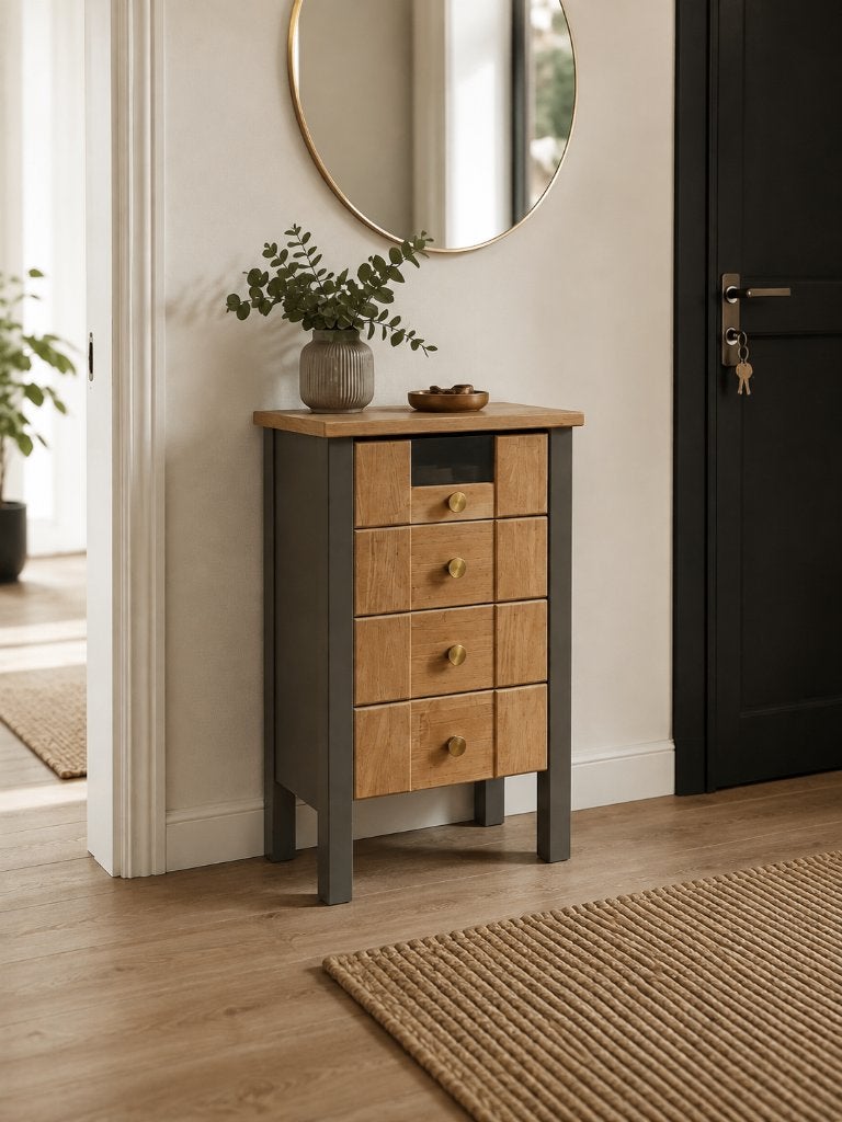Ladekast van eikenhout met messing knoppen, Ophalen, Minder dan 50 cm, Eikenhout, Nieuw