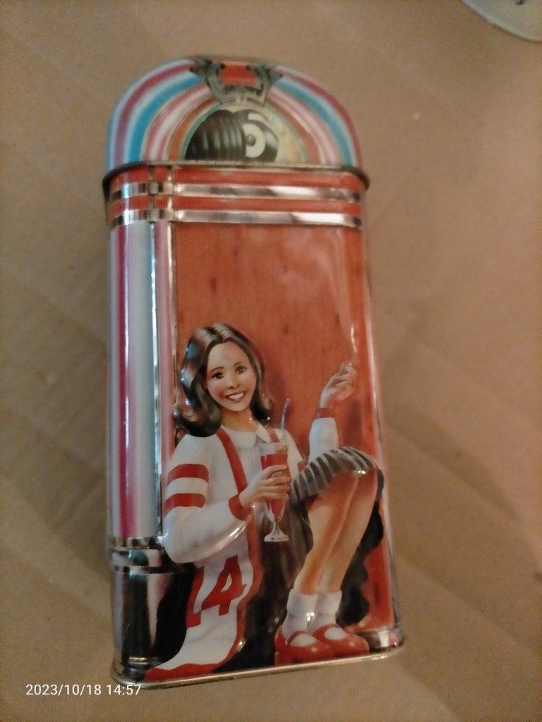 Juxebox spaarpot blik, Ophalen of Verzenden, Zo goed als nieuw, Metaal of Blik, Overige thema's