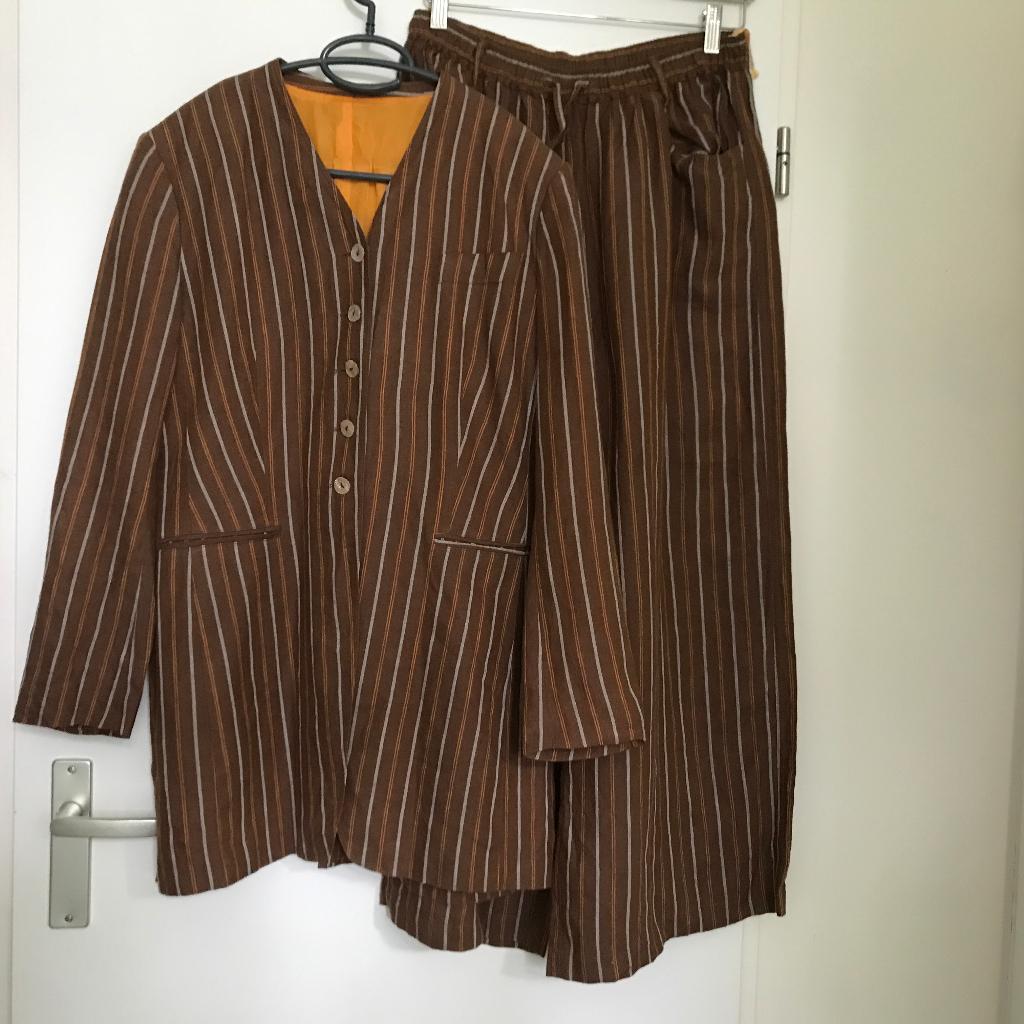 Oilily vintage linnen broekpak blazerL/XL bruin gestreept, Verzenden, Zo goed als nieuw, Maat 42/44 (L), Bruin
