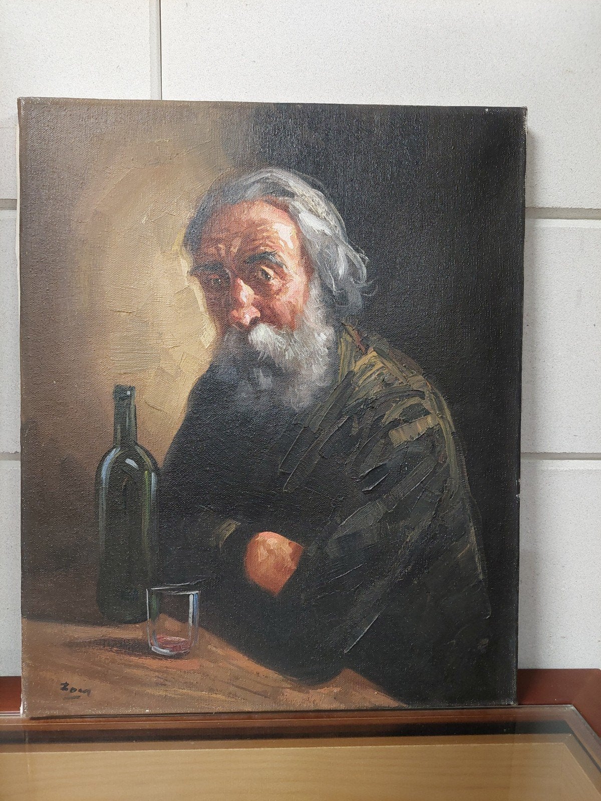 Olieverfschilderij: Portret van een oude man met fles, Antiek en Kunst, Origineel werk, Doek, Portret of Personen, Realistisch