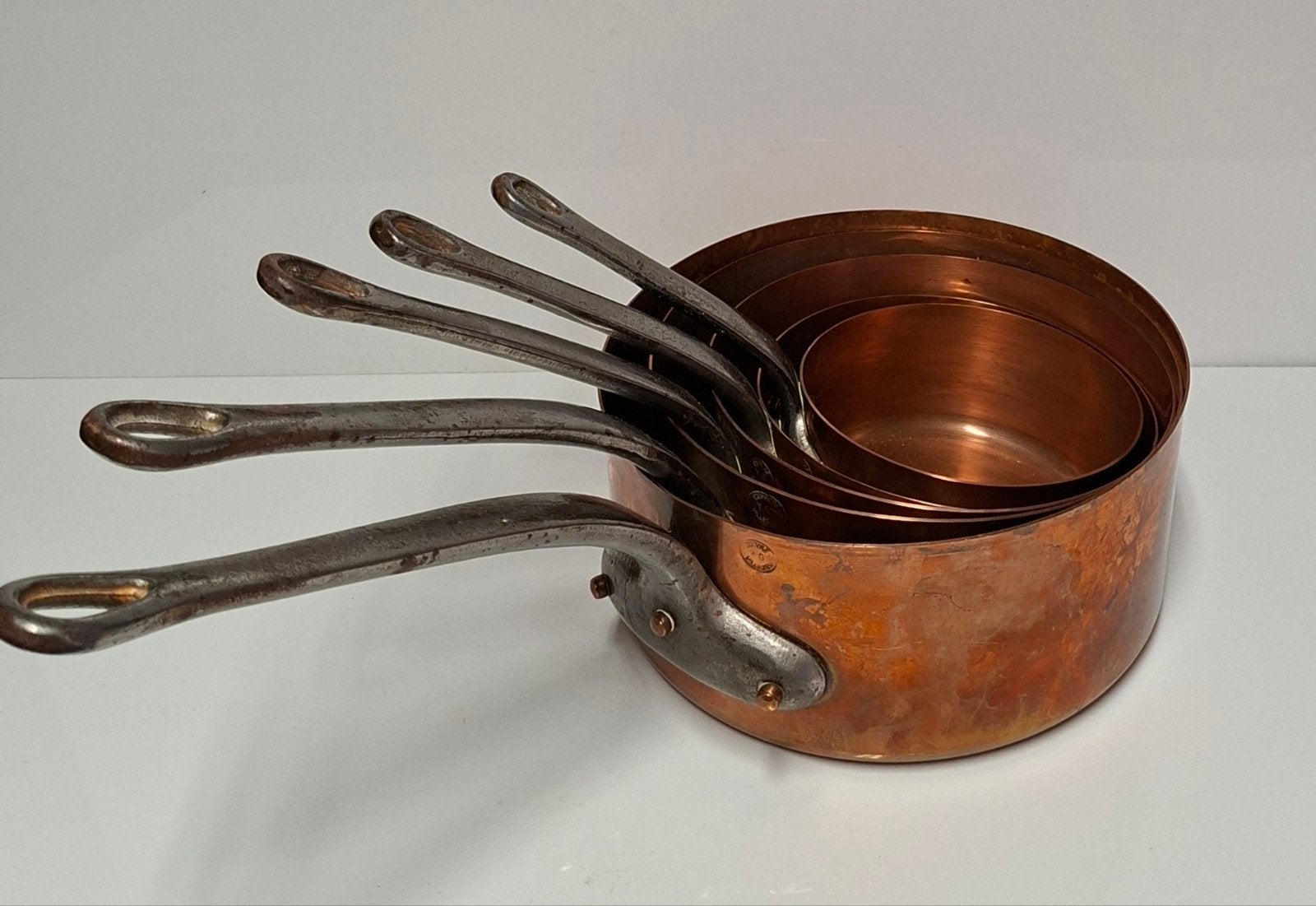 Vintage Franse Koperen Steelpannenset - Villedieu, Ophalen of Verzenden