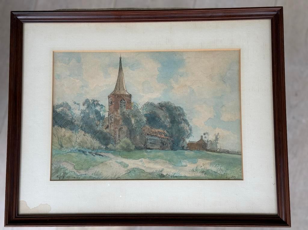 Aquarel Arend Jan van Driesten, ca 1917-1930, kerk Pijnacker, Ophalen of Verzenden