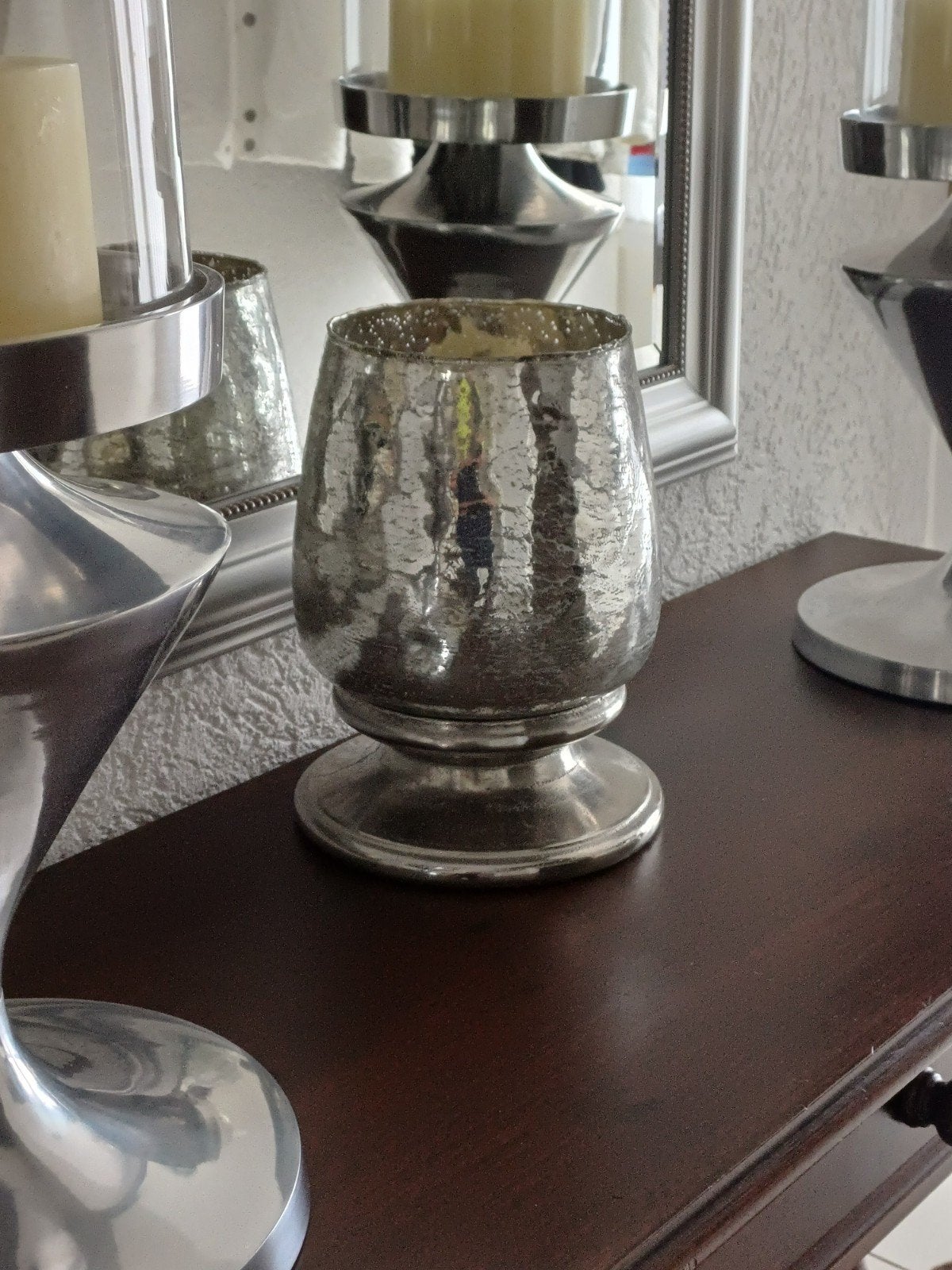 Zilverkleurige waxinelichthouder met craquelé effect, Ophalen, Overige typen, 27 cm, Zilver