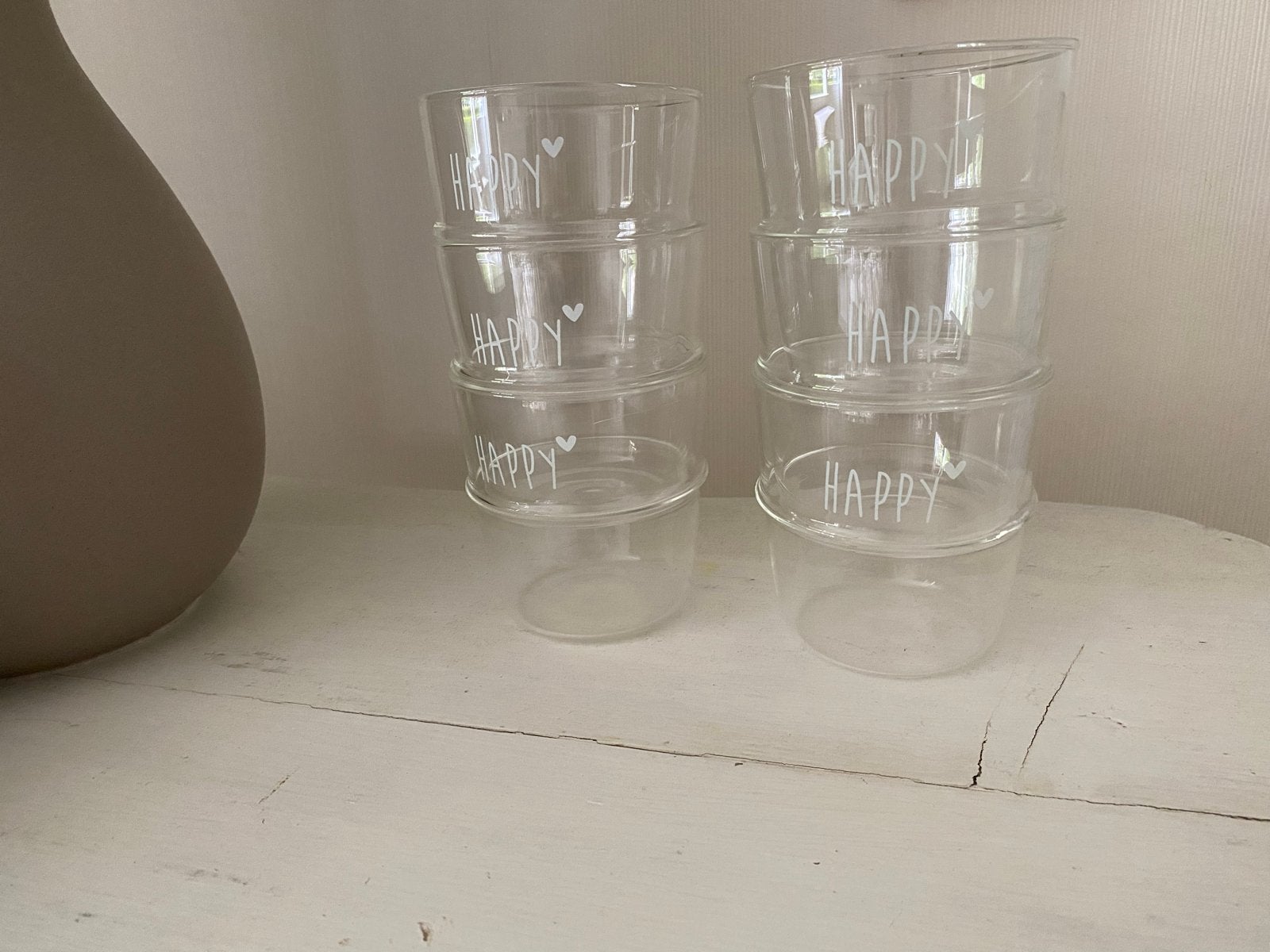 6 Bastion Collections glazen met 'Happy' tekst, Overige typen, Ophalen, Glas, Overige merken