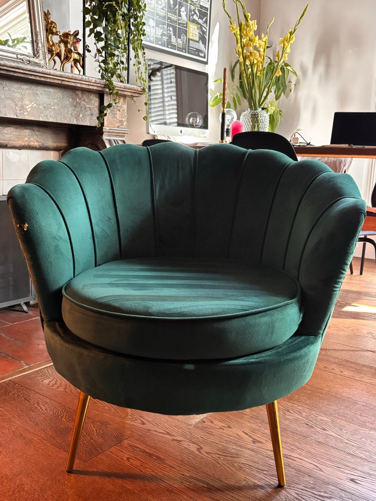 2 velvet groene fauiteuls., Ophalen of Verzenden, Gebruikt, Stof, 75 tot 100 cm
