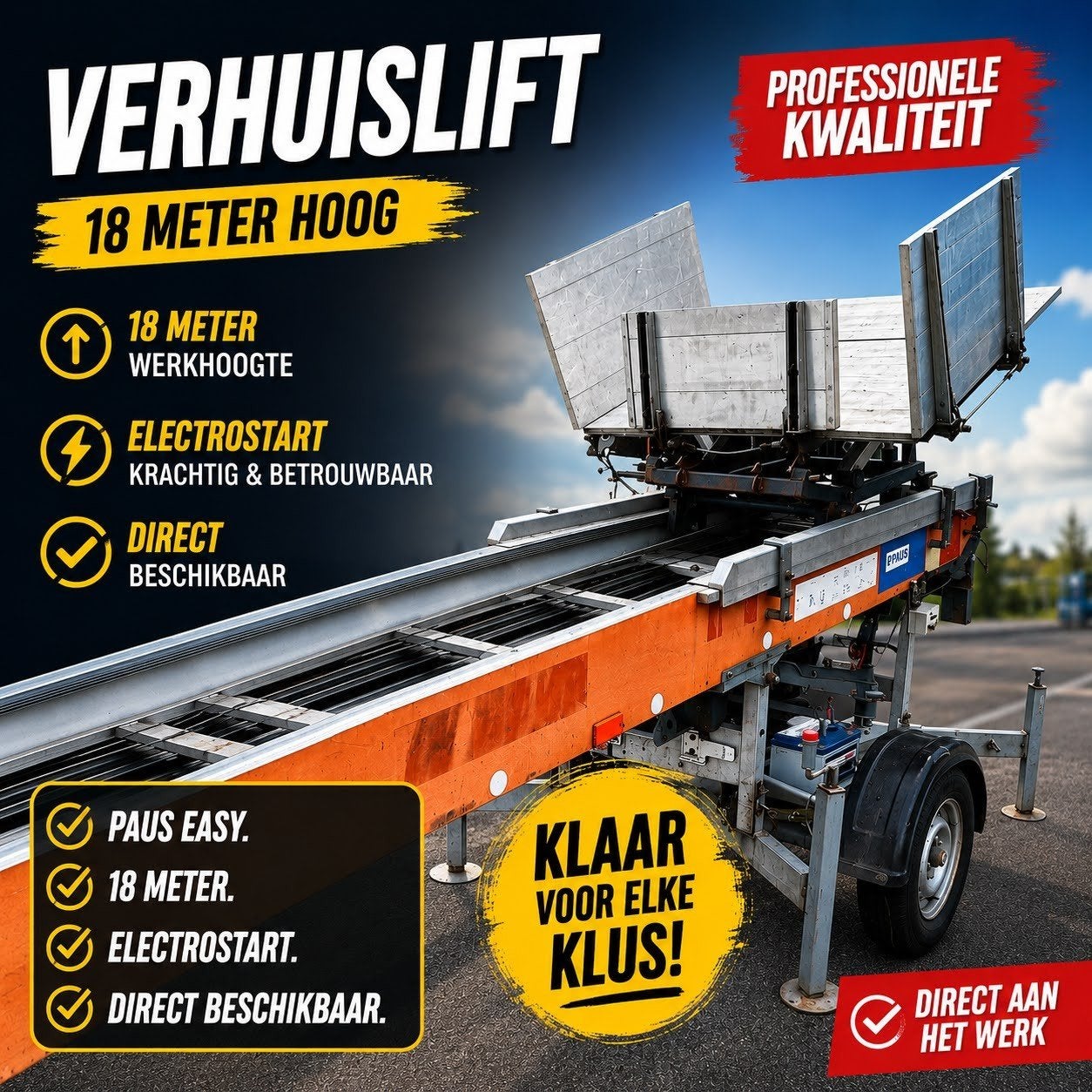 PAUS EASY 18M VERHUISLIFT / BOUWLIFT / PANNENLIFT, Ophalen, Gebruikt, Bouwlift