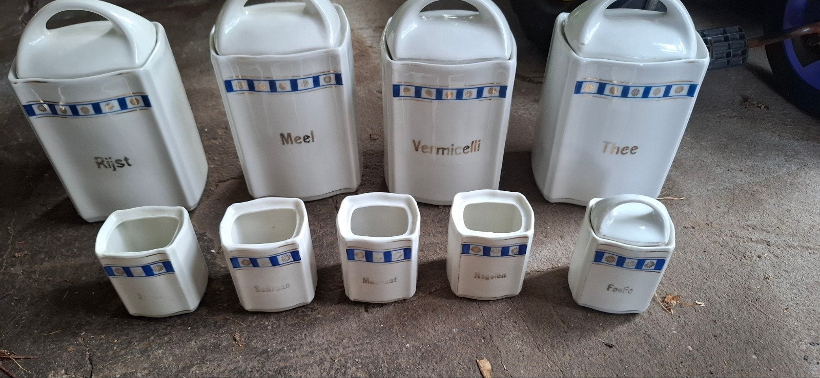 Vintage voorraadpotten set - Rijst, Meel, Thee, Vermicelli, Antiek en Kunst, Ophalen