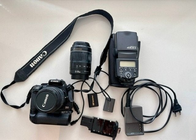 Canon EOS 350D met lens, flitser en accessoires, Gebruikt, Spiegelreflex, Canon, Accu