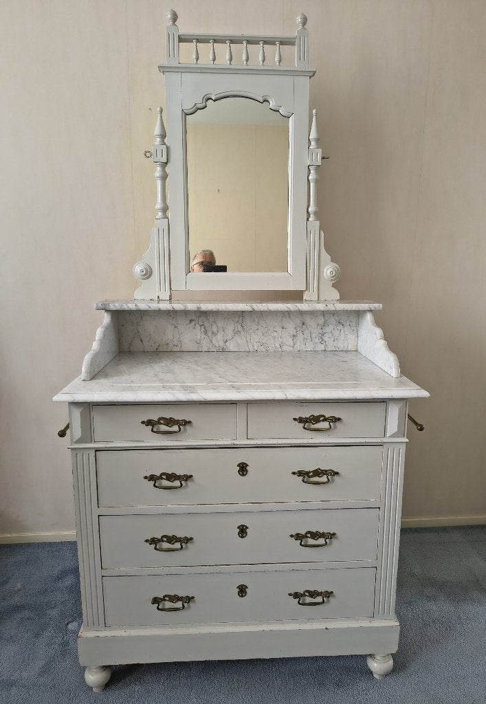 Brocante dressoir  commode met marmeren blad en lades, Ophalen, Met plank(en), Gebruikt, 50 tot 100 cm