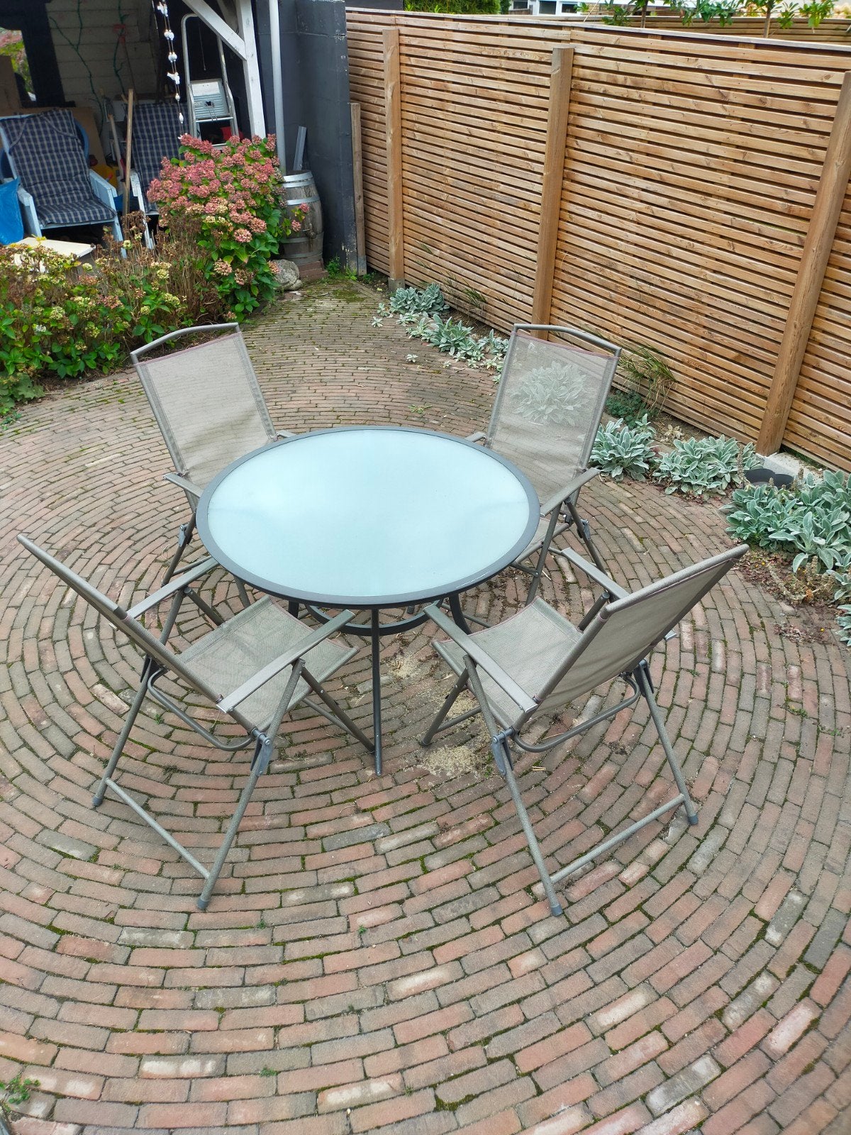 tuintafel en vier stoelen, Ophalen of Verzenden, Gebruikt, Aluminium