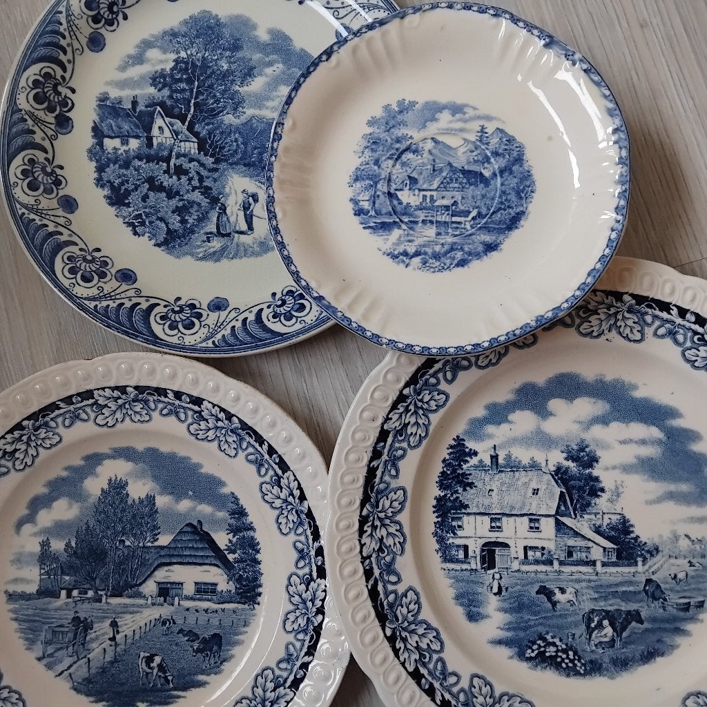 hollands tafereel, lanschap / boerenhoeve, borden en melkkan, Ophalen of Verzenden