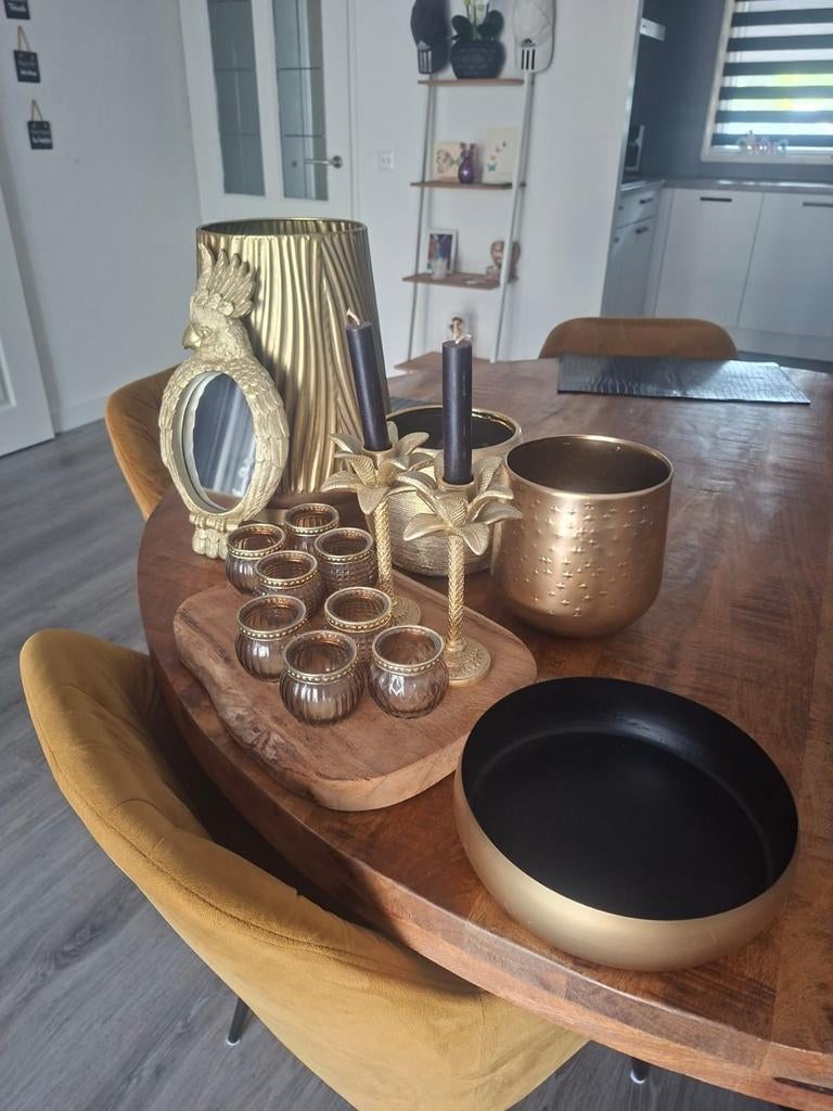 Gouden Woonaccessoires Set: Vaas, Spiegeltje, Kandelaars, Ophalen, Zo goed als nieuw, Goud, Metaal