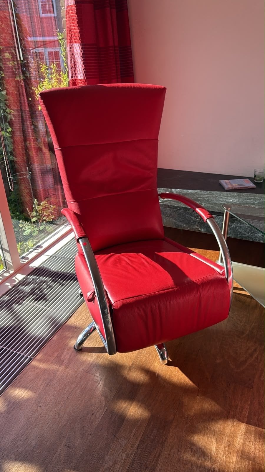 Prominent relaxfauteuils, rood leer, handmatige bediening, Huis en Inrichting, Ophalen, Twee, Leer, Zo goed als nieuw