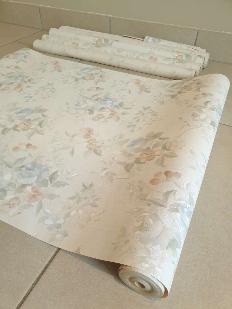 Vintage floral behangpapier 6 onvolledige rollen stuctuur, Ophalen, 75 m² of meer, Blauw