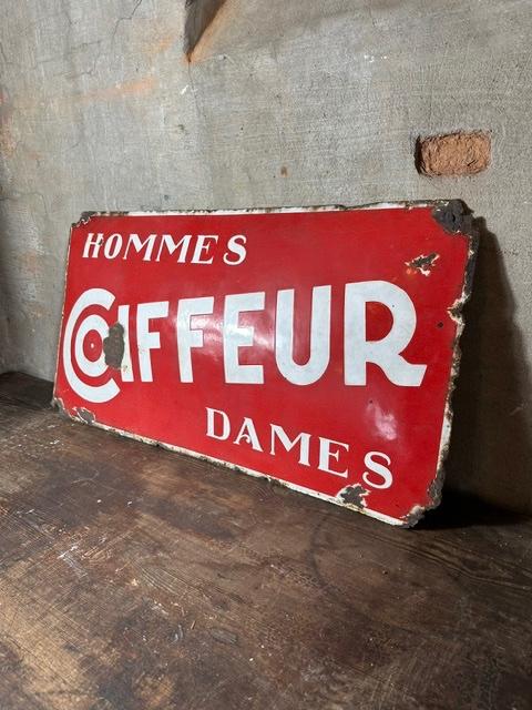 art deco bol emaille bord coiffeur reclame emaillebord, Ophalen of Verzenden, Gebruikt, Reclamebord