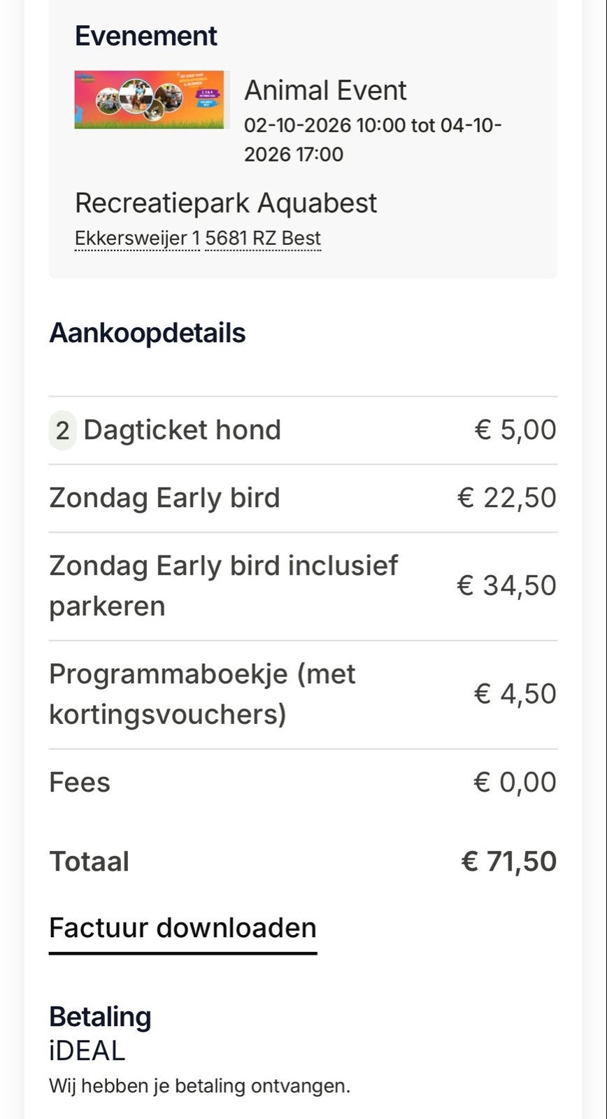 Te koop; 2x Early bird tickets personen, 1x auto, 2x hond, Twee personen