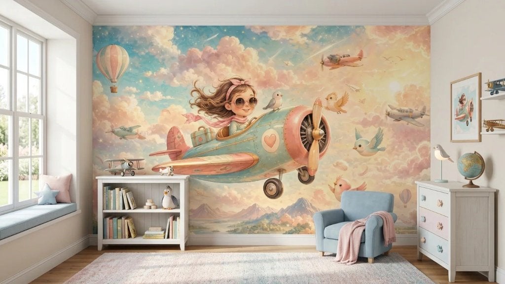 Fotobehang kinderkamer – meisje in vliegtuig op maat, Overige patronen, Overige merken, Ophalen of Verzenden, Blauw