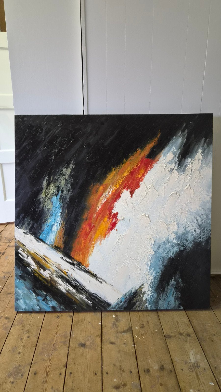 Abstract Schilderij: Dynamische Kleuren op Zwart Canvas, Ophalen