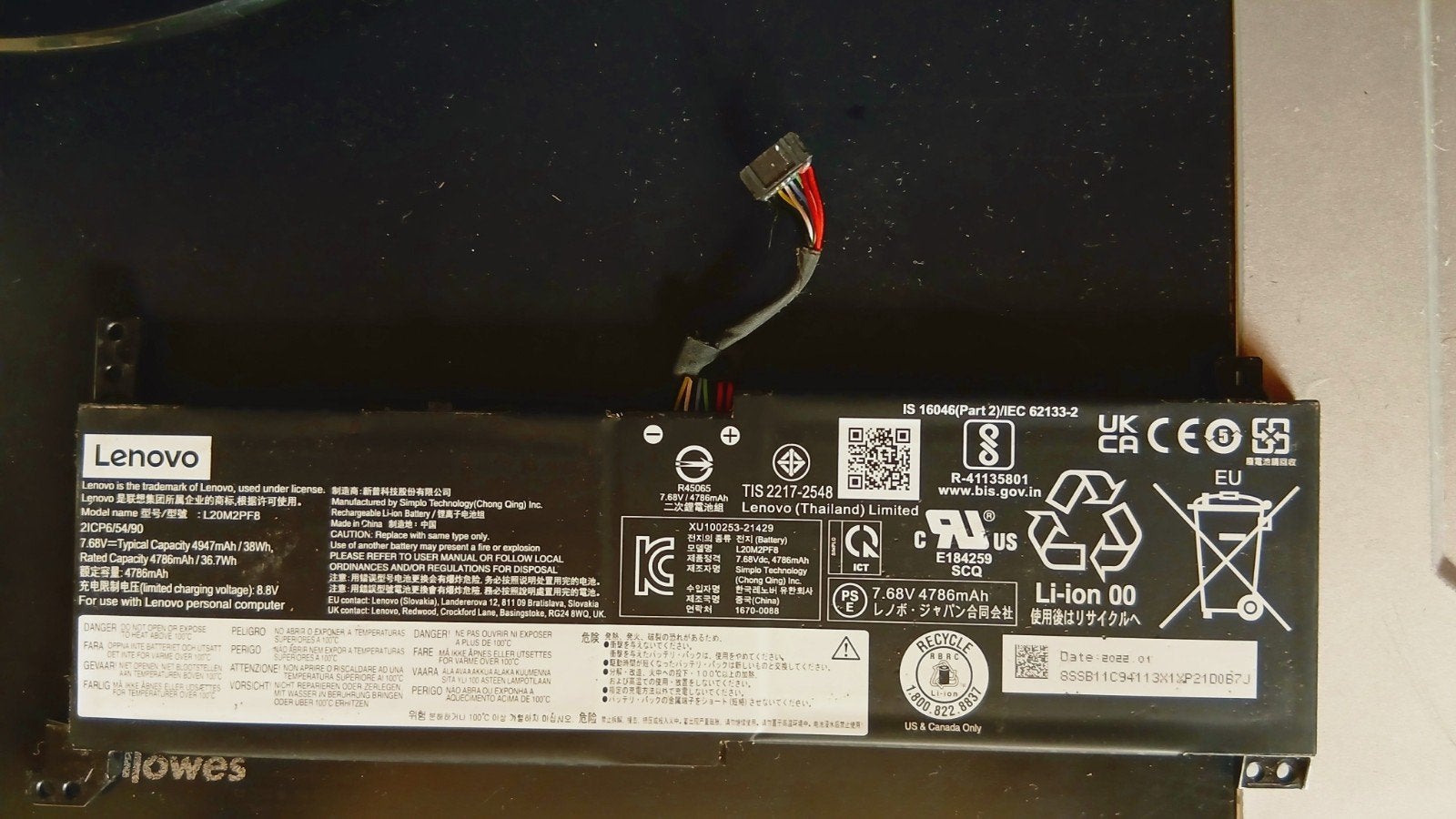 Lenovo L20M2PFB Laptop Accu - 7.68V, 4786mAh, Ophalen of Verzenden, Gebruikt, Universeel