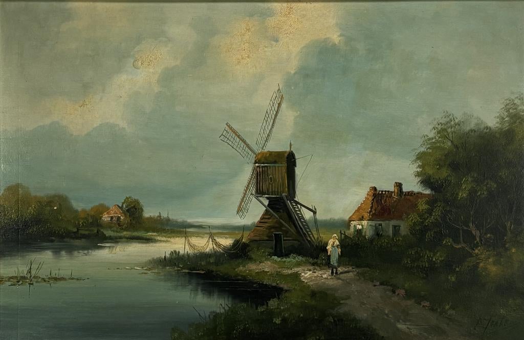328. Olieverfschilderij - molen, 19e eeuw., Antiek en Kunst, Kunst | Schilderijen | Klassiek, Ophalen of Verzenden