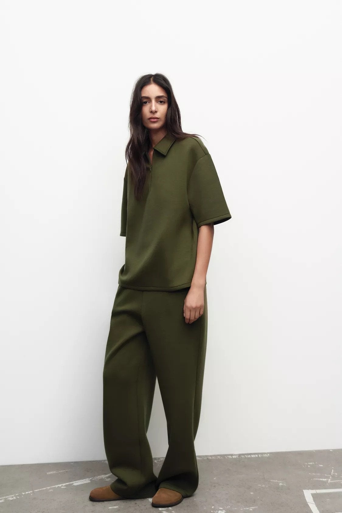 Dames Zara co-ord set top polokraag en rits kaki broek S, Ophalen of Verzenden, Zo goed als nieuw, Maat 36 (S), Groen
