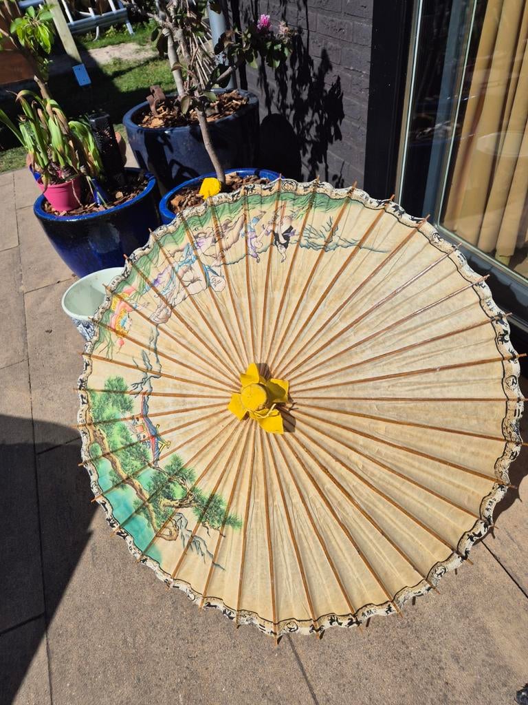 Vintage Oosterse Parasol met Handgeschilderde Scènes, Ophalen of Verzenden