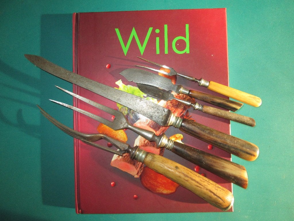 antiek voorsnijbestek vleesvork mes kookboek Wild jacht, Ophalen of Verzenden