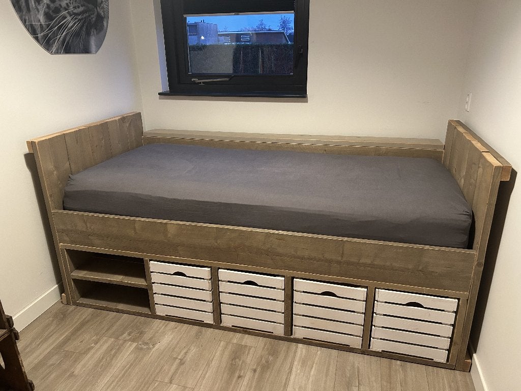 steigerhouten kinderbed (90x200) met 4 opberg kisten, 85 tot 100 cm, Gebruikt, 180 cm of meer, Ophalen
