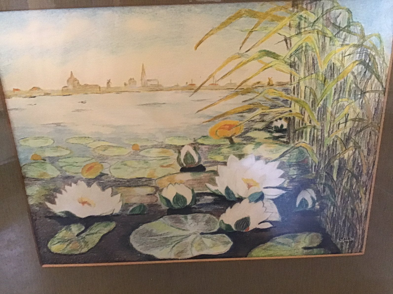 Waterlelies met op de achtergrond dorp, gesigneerd C.H.R., Ophalen of Verzenden