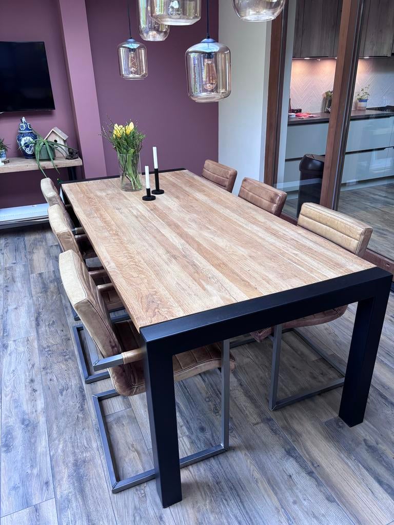 Massief eiken eettafel met Zwart RVS Frame (220x100cm), Huis en Inrichting, Tafels | Eettafels, Ophalen, 100 tot 150 cm, Eikenhout