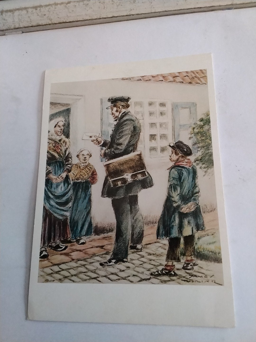 Oude Postkaart: Postbode aan de deur (Brussel - Postmuseum), Verzamelen, Ophalen of Verzenden