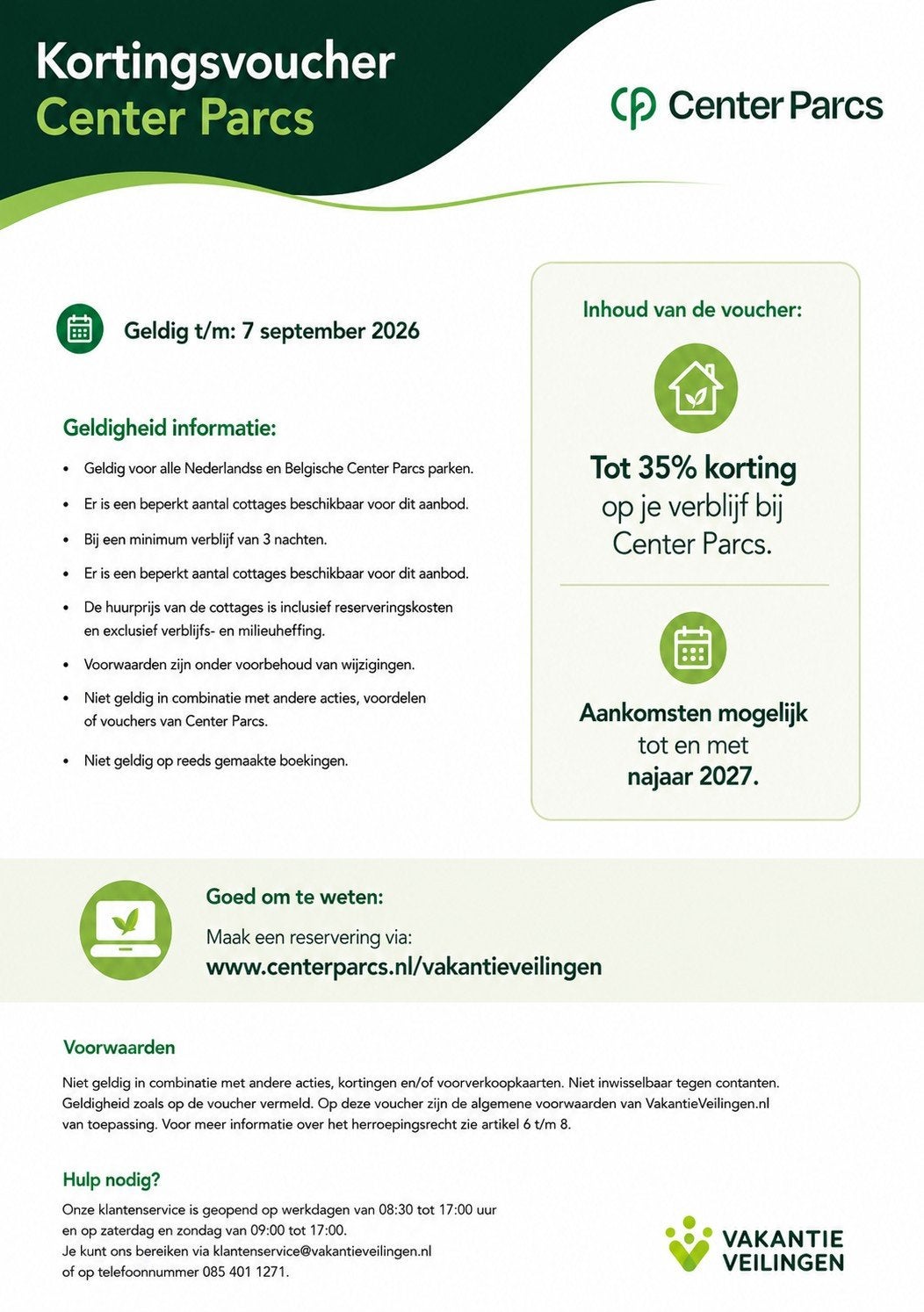 Center Parcs kortingvoucher, Drie personen of meer, Kortingsbon, Bungalowpark