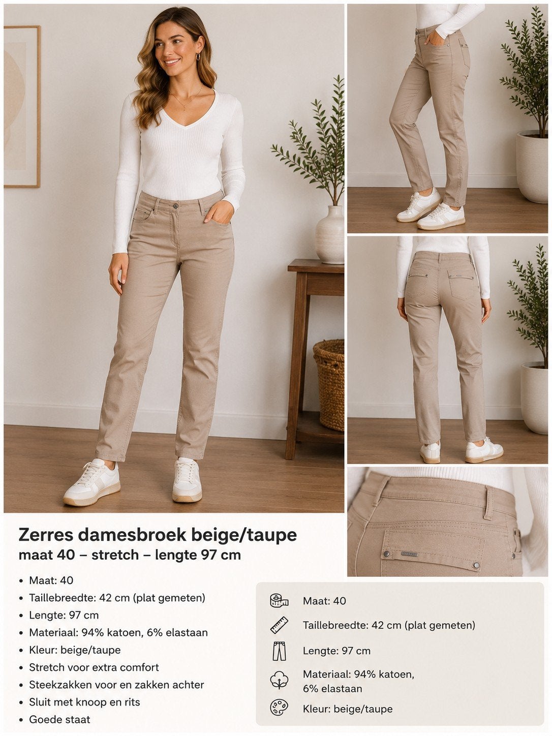 Zerres damesbroek beige/taupe – maat 40 stretch, Maat 38/40 (M), Beige, Ophalen of Verzenden, Zo goed als nieuw