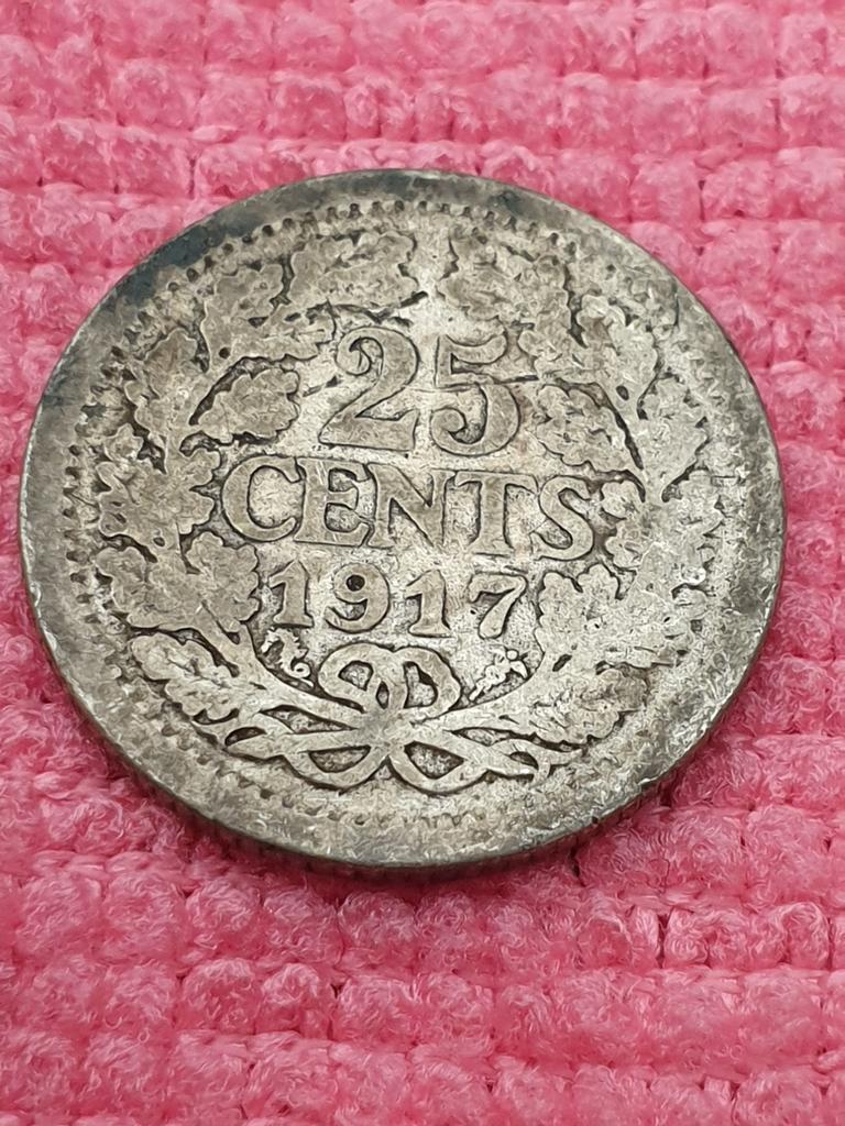 Zilveren Wilhelmina kwartje 1917, Ophalen of Verzenden, Koningin Wilhelmina, 25 cent