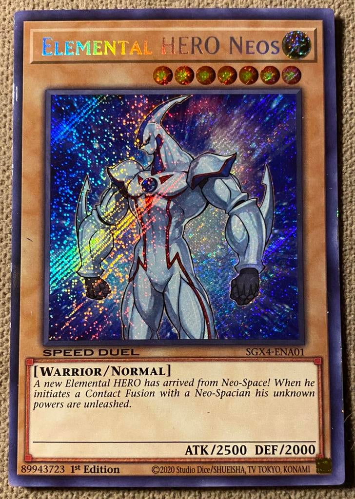 Yu-Gi-Oh! Elemental HERO Neos SGX4 1st Edition !, Ophalen of Verzenden, Gebruikt, Losse kaart, Foil
