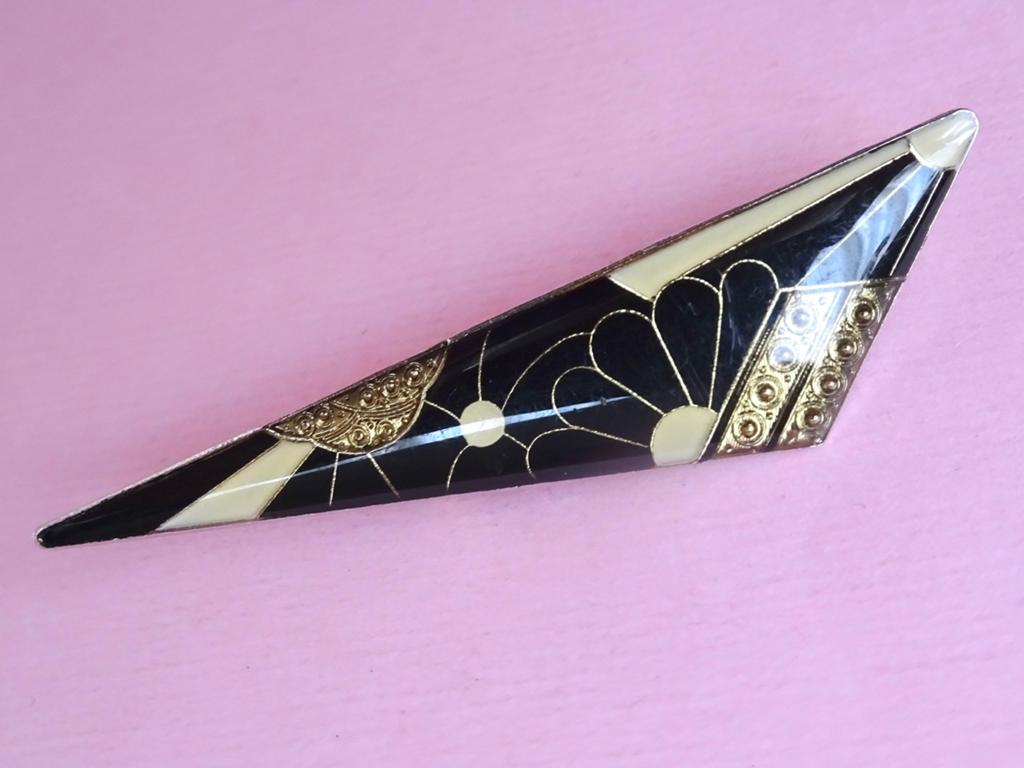 jwg Vintage 70s Art Deco Pierre Bex emaille broche zwart wit, Verzenden, Overige materialen, Broche