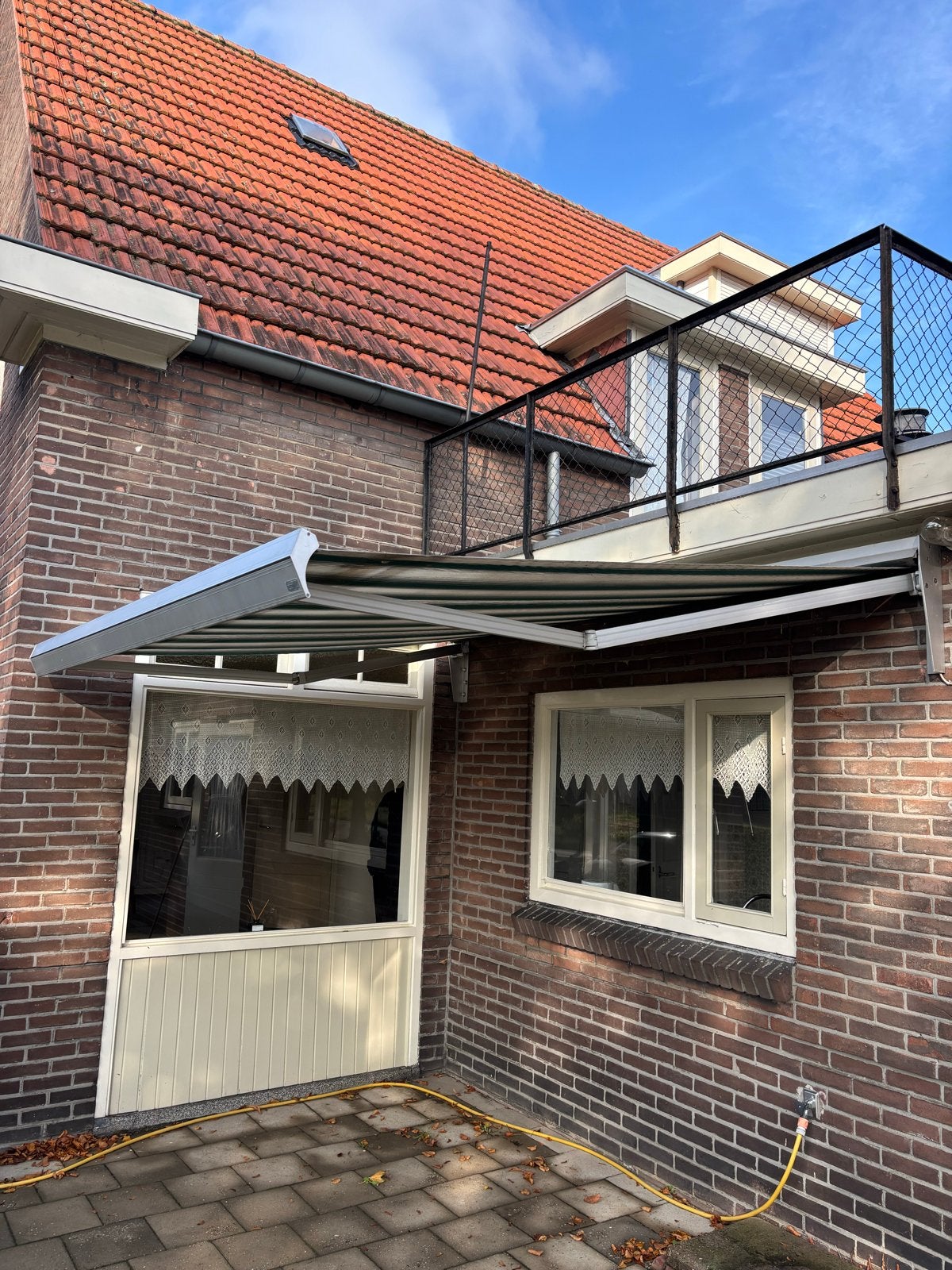 Elektrische knikarmscherm luifel - Groen/Wit gestreept, Tuin en Terras, Ophalen, Gebruikt, 450 cm of meer, Elektrisch