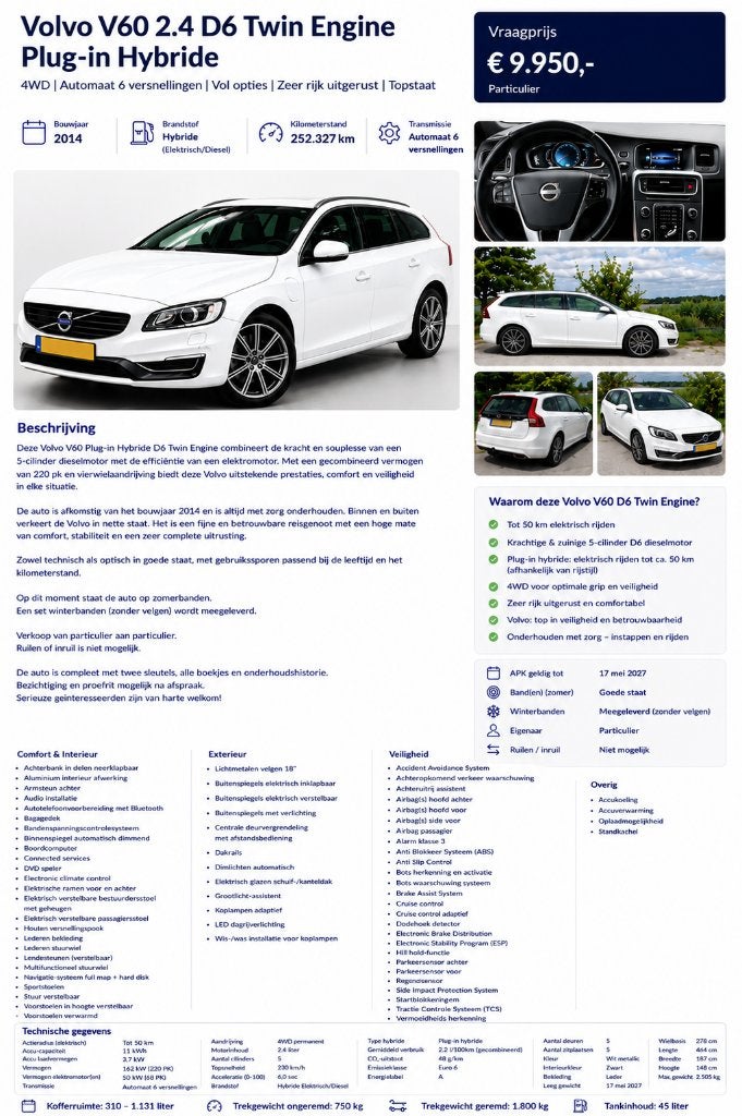 Volvo V60 D6 215pk Plug-in Hybrid 2014 Wit, Auto's, Volvo, Automaat, 1849 kg, 1800 kg, Zwart