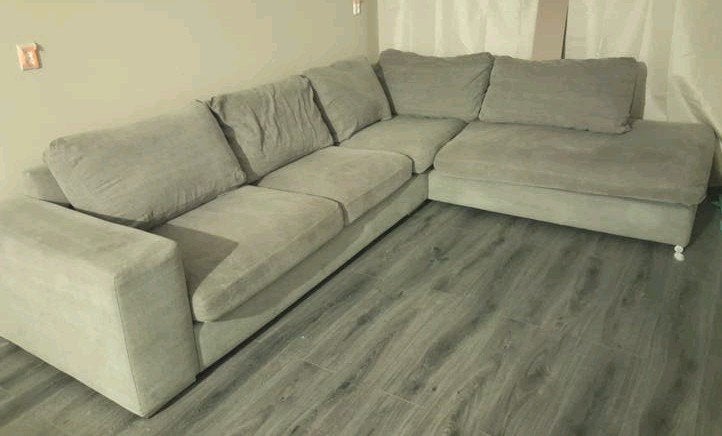 Comfortabele Grijze Hoekbank -  in zeer goede staat, Ophalen, 250 tot 300 cm, Gebruikt, 100 tot 125 cm