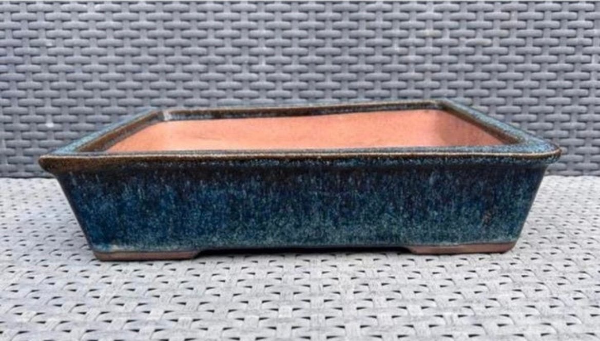 Bonsai schaal blauw-bruin-zwart geglazuurd 32,8x23,7x7,8, Ophalen of Verzenden, Zo goed als nieuw, Aardewerk, Rechthoekig