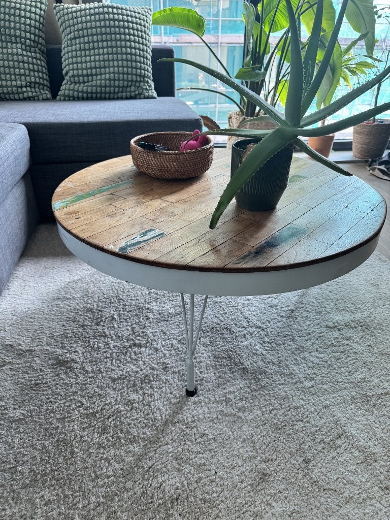 Ronde salontafel 80 cm - hout en metalen poten, Huis en Inrichting, Gebruikt, 50 tot 100 cm, Rond, 50 tot 100 cm