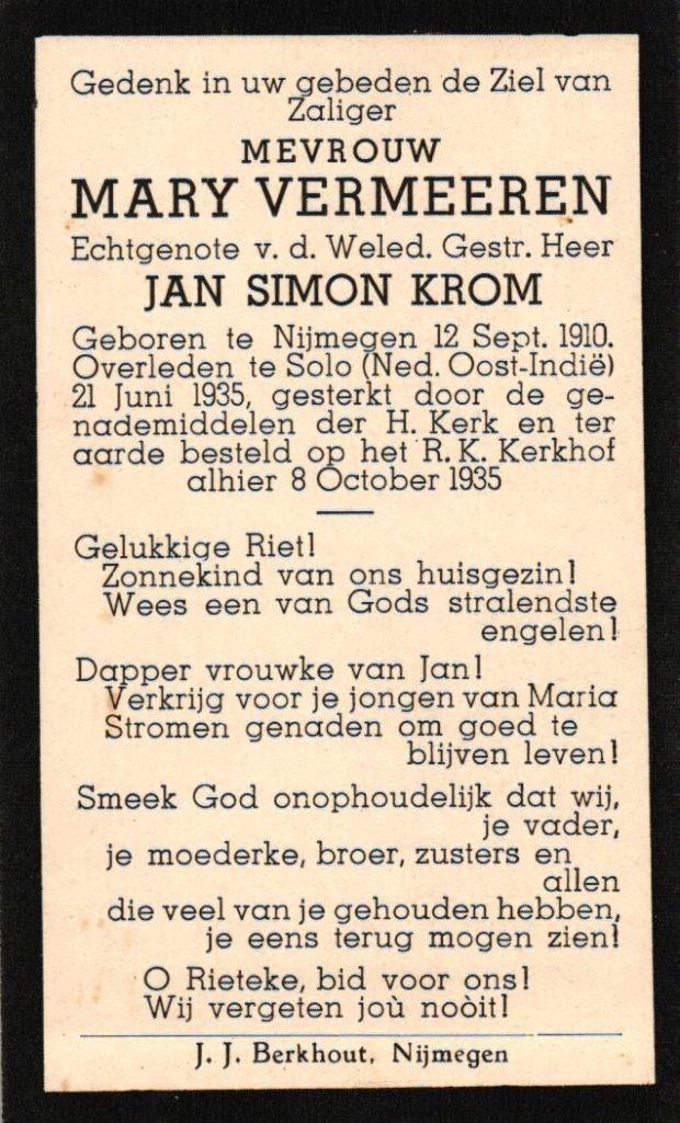 Vermeeren Mary Nijmegen 1910-1935 Nijmegen, Ophalen of Verzenden