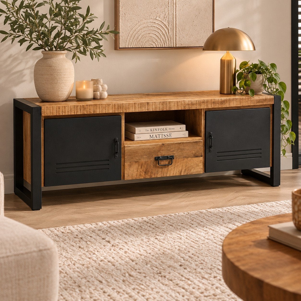 TV meubel Bas 150 cm mango hout en metaal, 100 tot 150 cm, Nieuw, Industrieel, Modern, Minder dan 100 cm