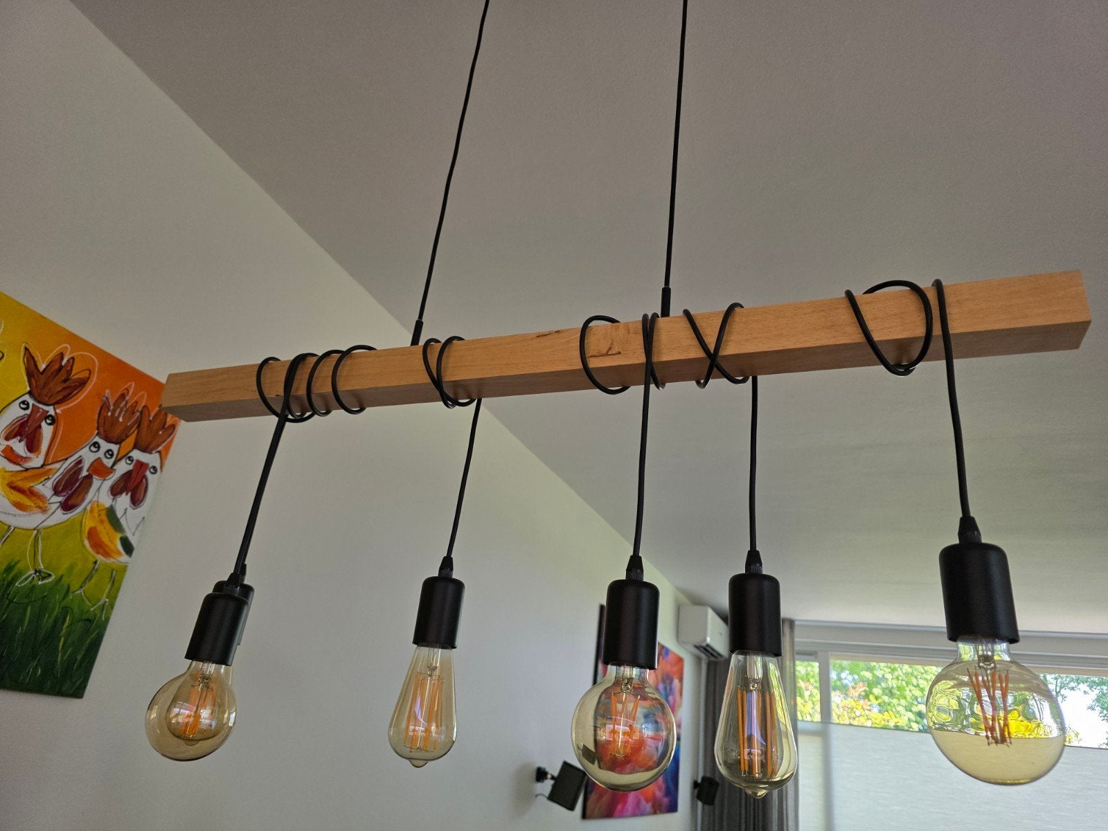 Mooie houten hanglamp, Ophalen, Gebruikt, Industrieel, Modern, 75 cm of meer