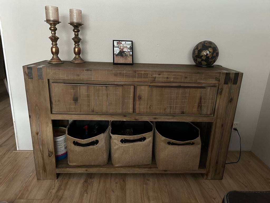 Sidetable van de Bassano collectie en salontafel acacia hout, Ophalen, 50 tot 100 cm, Zo goed als nieuw, Minder dan 100 cm