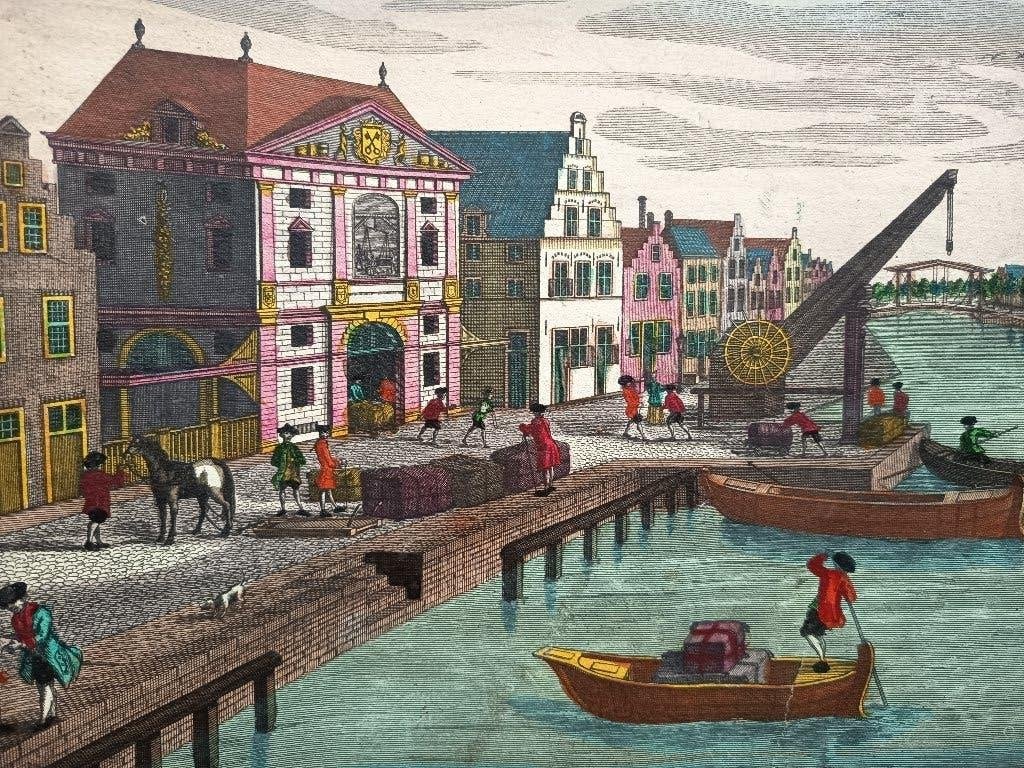 oud-handgekleurde optica-prent Waag Leiden - 41 x 31 cm, Antiek en Kunst, Kunst | Etsen en Gravures, Gravure, Blanco verso, Handgekleurd