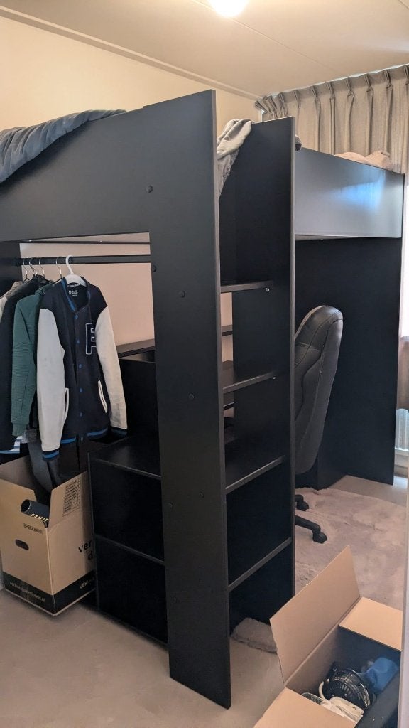 Zwart hoogslaper met bureau en kast – zelf demonteren, Ophalen, Eenpersoons, Nieuw, 200 cm