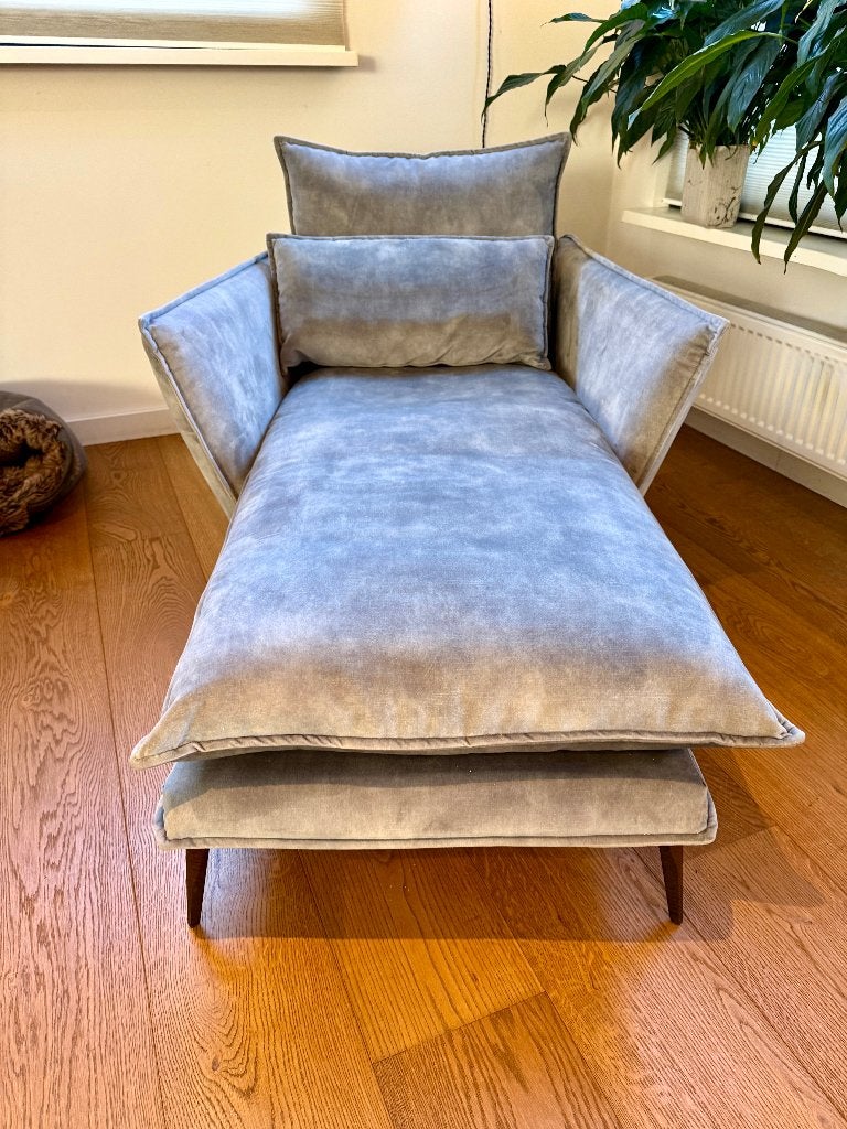Chaise longue velours Grijs-Blauw, Huis en Inrichting, Banken | Sofa's en Chaises Longues, Ophalen, Eenpersoons, Zo goed als nieuw