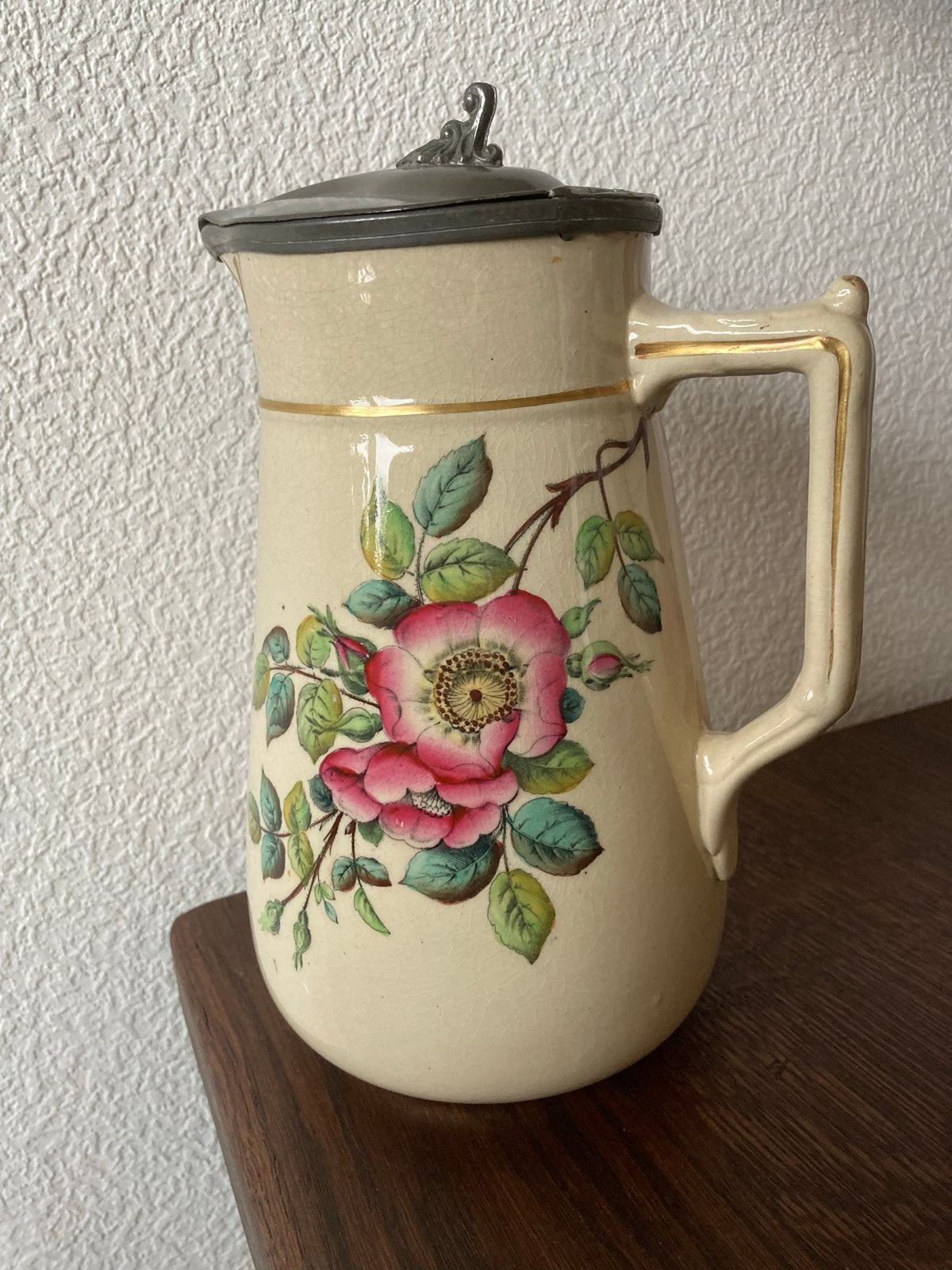 Antieke Schenkkan met tinnen deksel, Edge Malkin & Co, 1880, Antiek en Kunst, Ophalen of Verzenden